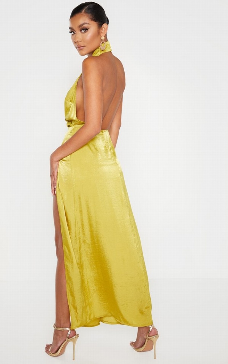 Rochie Pretty Little Thing Lime HammeSatin Halterneck Maxi Verzi Deschis | OTIH38165