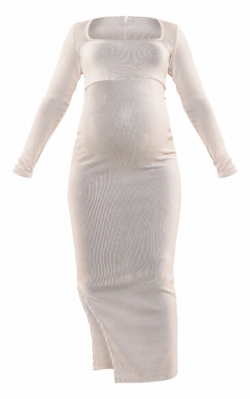 Rochie Pretty Little Thing Maternity Cu Nervuri Long Sleeve Side Split Maxi Albi | CLUN61570