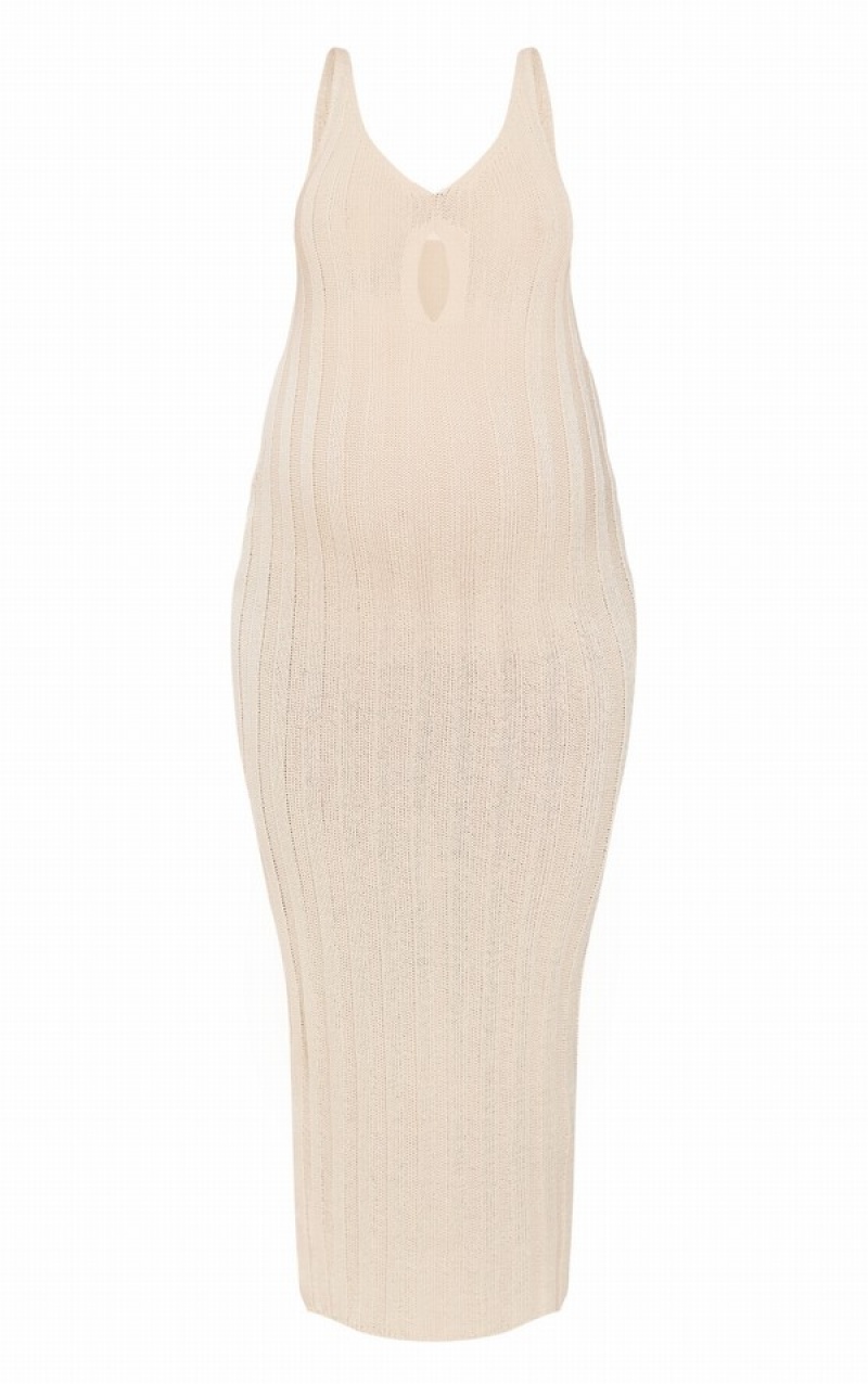Rochie Pretty Little Thing Maternity Cu Nervuri Knit Cut Out Midaxi Albi | MIDJ61295
