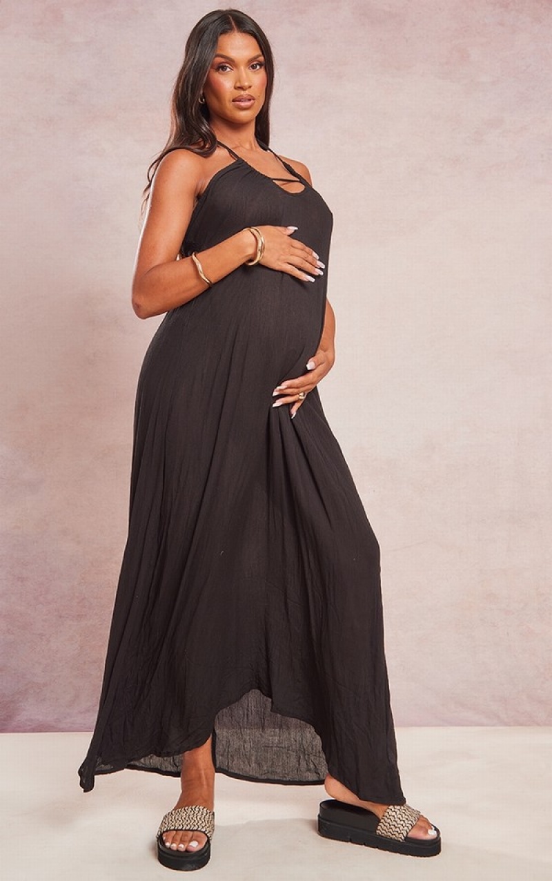 Rochie Pretty Little Thing Maternity Halterneck Cheesecloth Maxi Negrii | CVPG42150