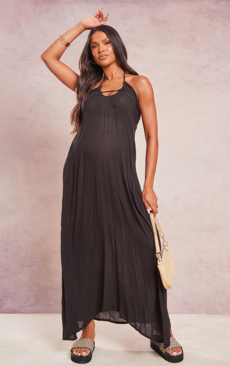 Rochie Pretty Little Thing Maternity Halterneck Cheesecloth Maxi Negrii | CVPG42150