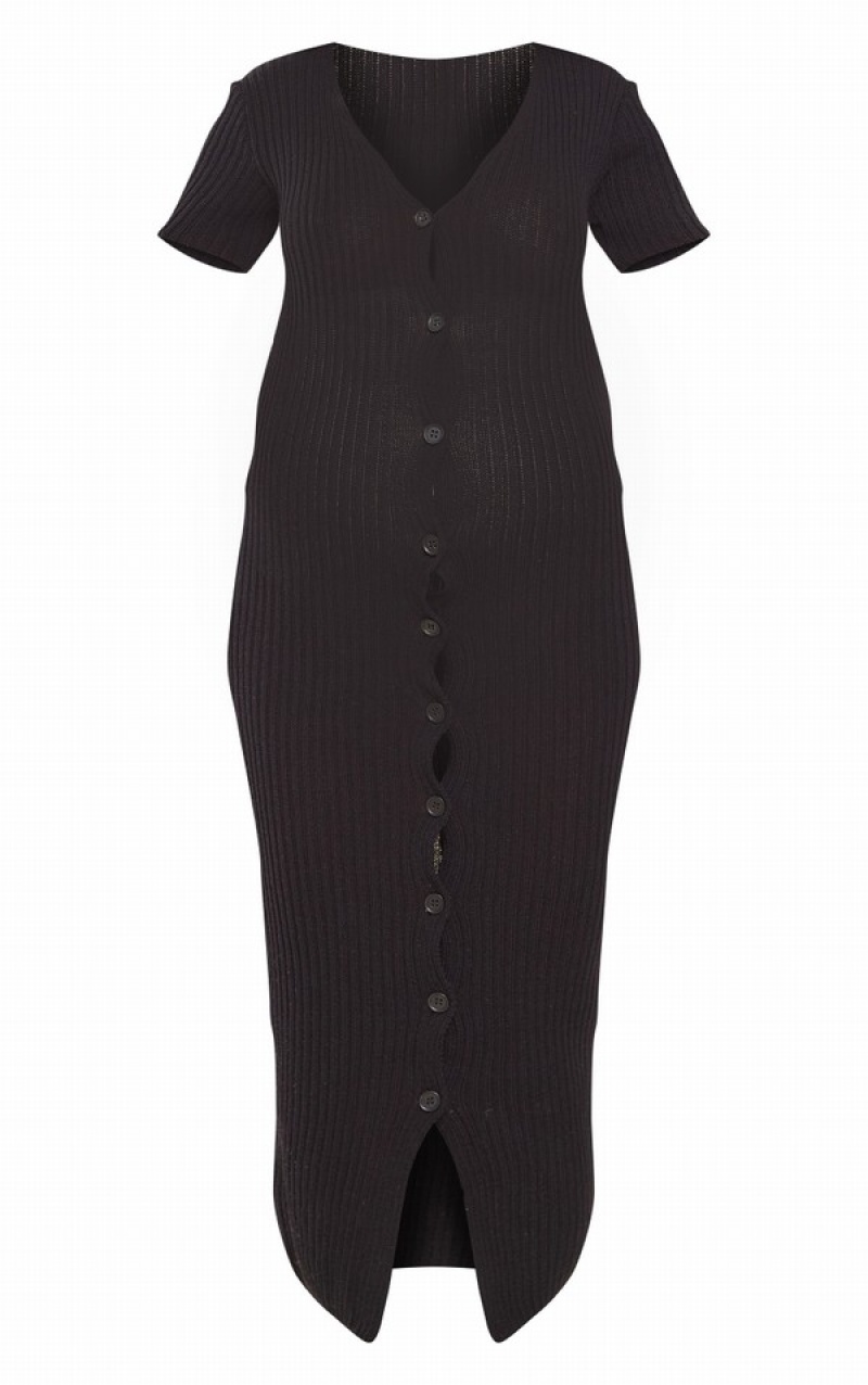 Rochie Pretty Little Thing Maternity Knit Button Up Midaxi Negrii | NVUH56182