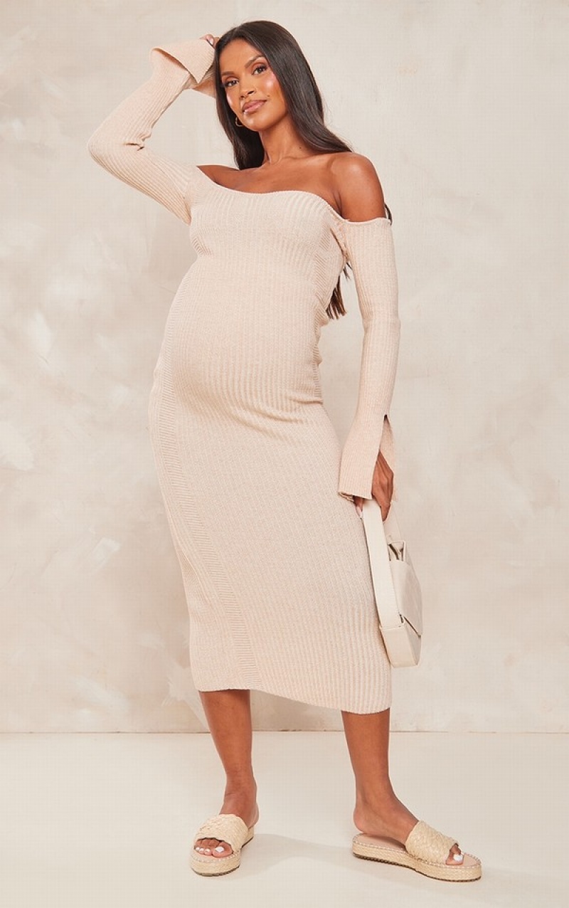 Rochie Pretty Little Thing Maternity Stone Off The Shoulder Contrast Knit Midaxi Gri | SJCU94807