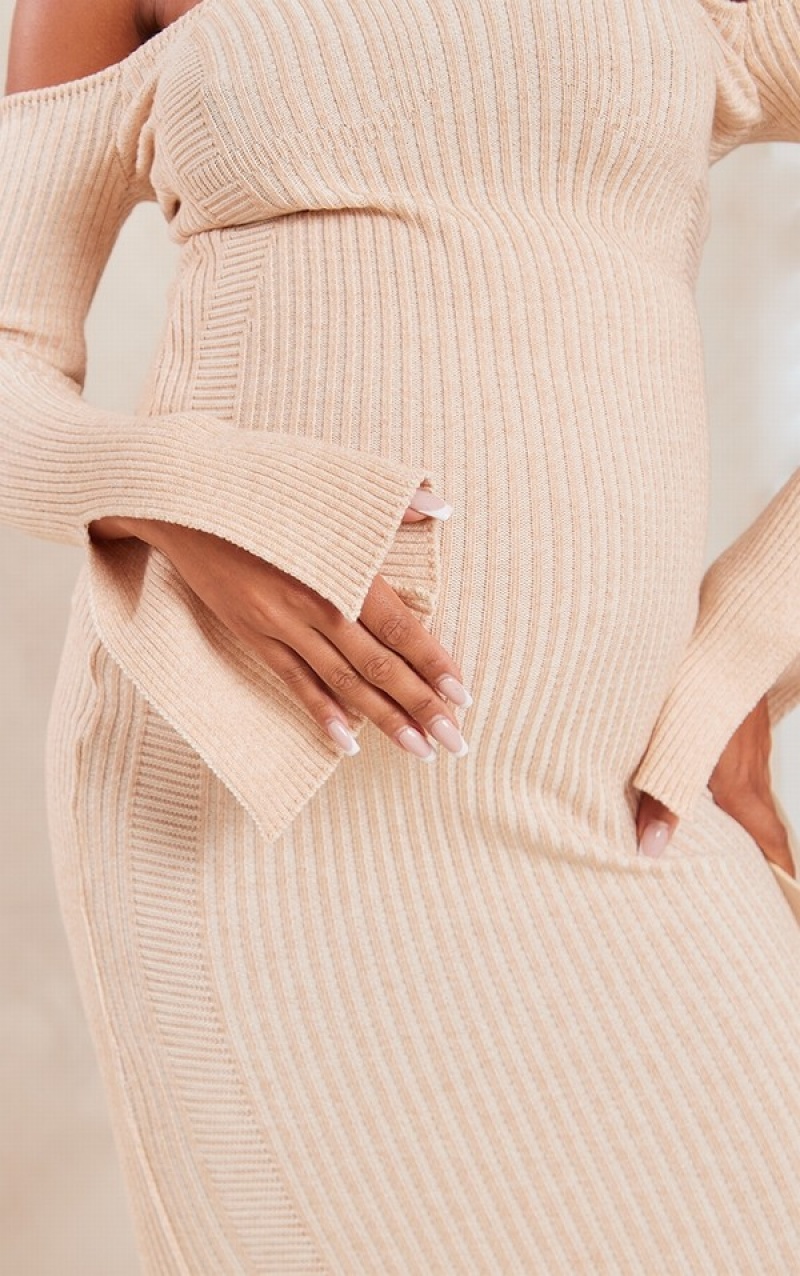 Rochie Pretty Little Thing Maternity Stone Off The Shoulder Contrast Knit Midaxi Gri | SJCU94807