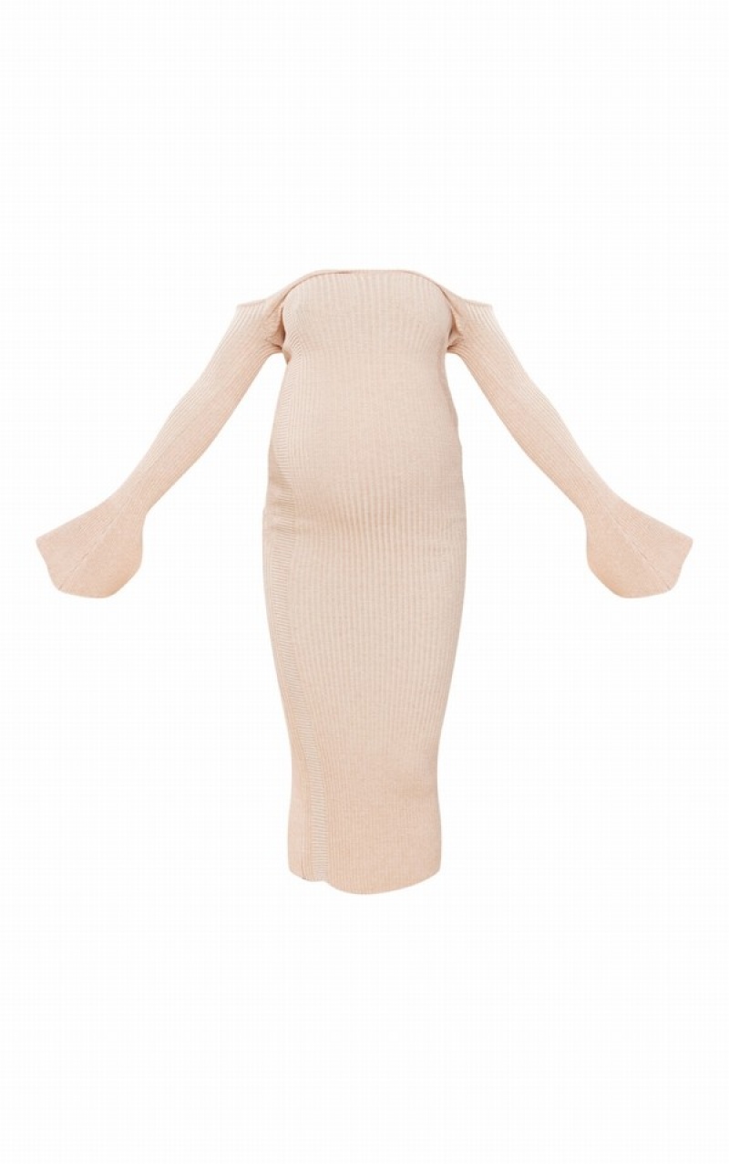 Rochie Pretty Little Thing Maternity Stone Off The Shoulder Contrast Knit Midaxi Gri | SJCU94807