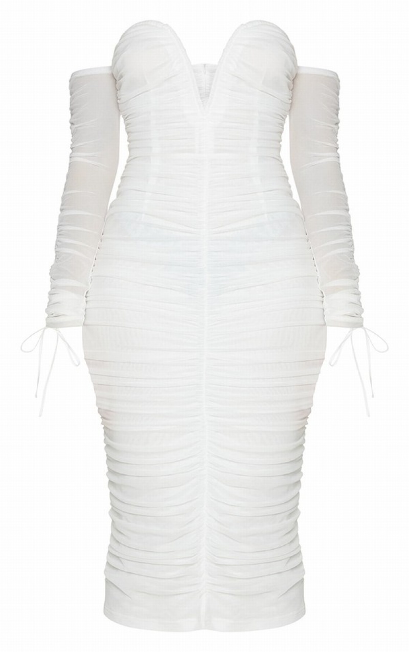 Rochie Pretty Little Thing Mesh V Bar Ruched Detail Bardot Albi | OMJQ78659