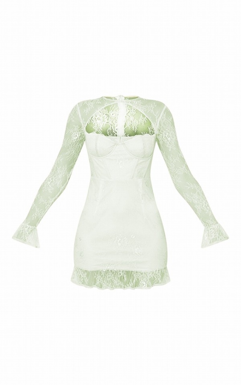 Rochie Pretty Little Thing Mint Dantela Frill Cuff Corset Detail Bodycon Verde Menta | QBSW82396
