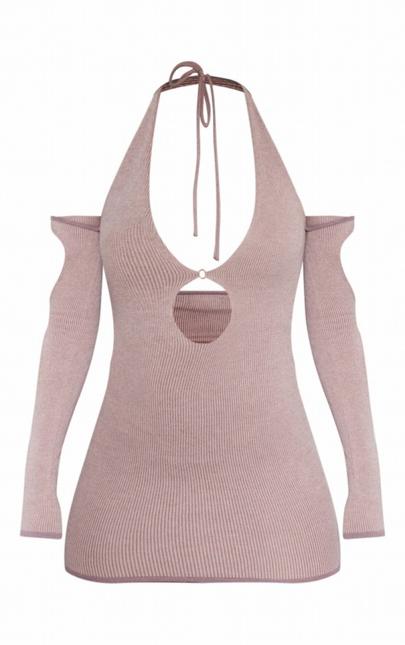 Rochie Pretty Little Thing Mocha Two Tone Cut Out Halterneck Long Sleeve Bej | MYER58472