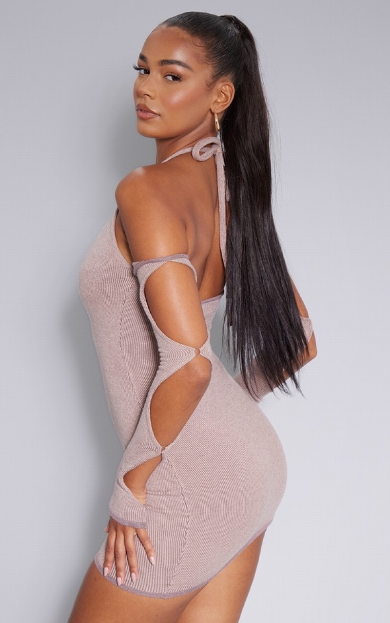 Rochie Pretty Little Thing Mocha Two Tone Cut Out Halterneck Long Sleeve Bej | MYER58472