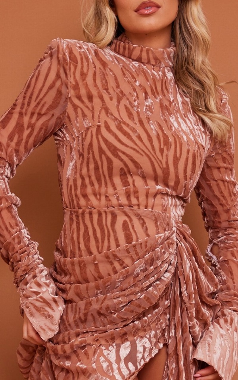 Rochie Pretty Little Thing Mocha Zebra Devore High Neck Draped Bej | XJUI95723
