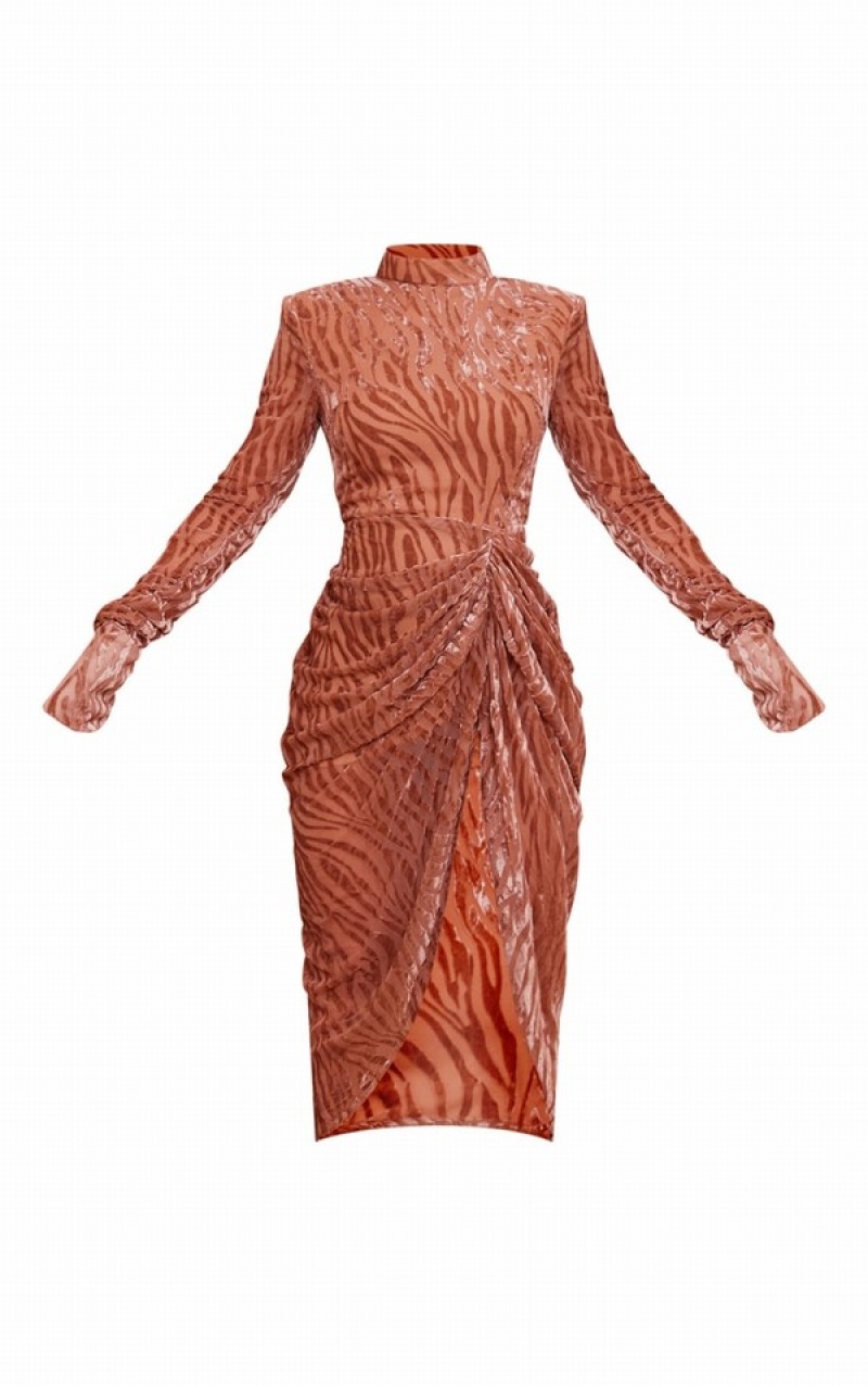 Rochie Pretty Little Thing Mocha Zebra Devore High Neck Draped Bej | XJUI95723