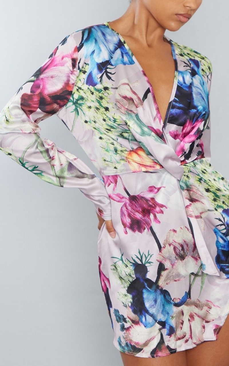 Rochie Pretty Little Thing Multi Floral Print Silky Long Sleeve Wrap Colorati | BLHE30891