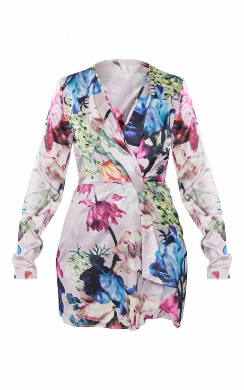 Rochie Pretty Little Thing Multi Floral Print Silky Long Sleeve Wrap Colorati | BLHE30891