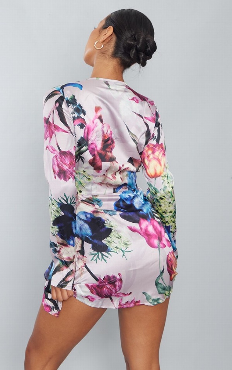 Rochie Pretty Little Thing Multi Floral Print Silky Long Sleeve Wrap Colorati | BLHE30891