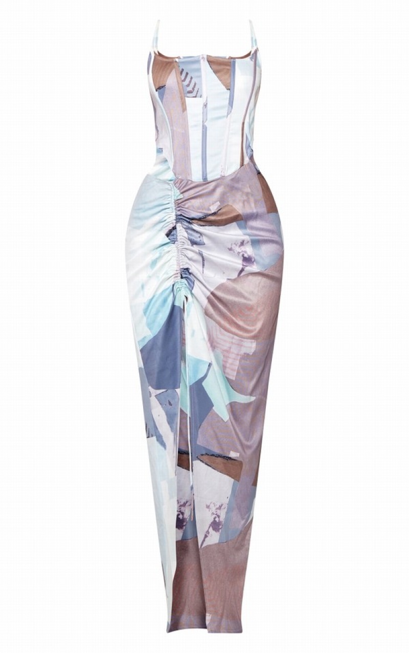 Rochie Pretty Little Thing Multi Print Corset Dantela Back Ruched Midaxi Colorati | YBRQ91872