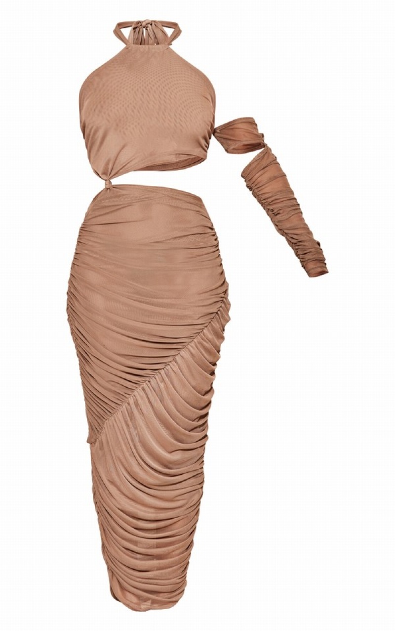 Rochie Pretty Little Thing Mushroom Extreme Ruched Mesh Cut Out Knot Detail Midaxi Maro Deschis | RPSE16453