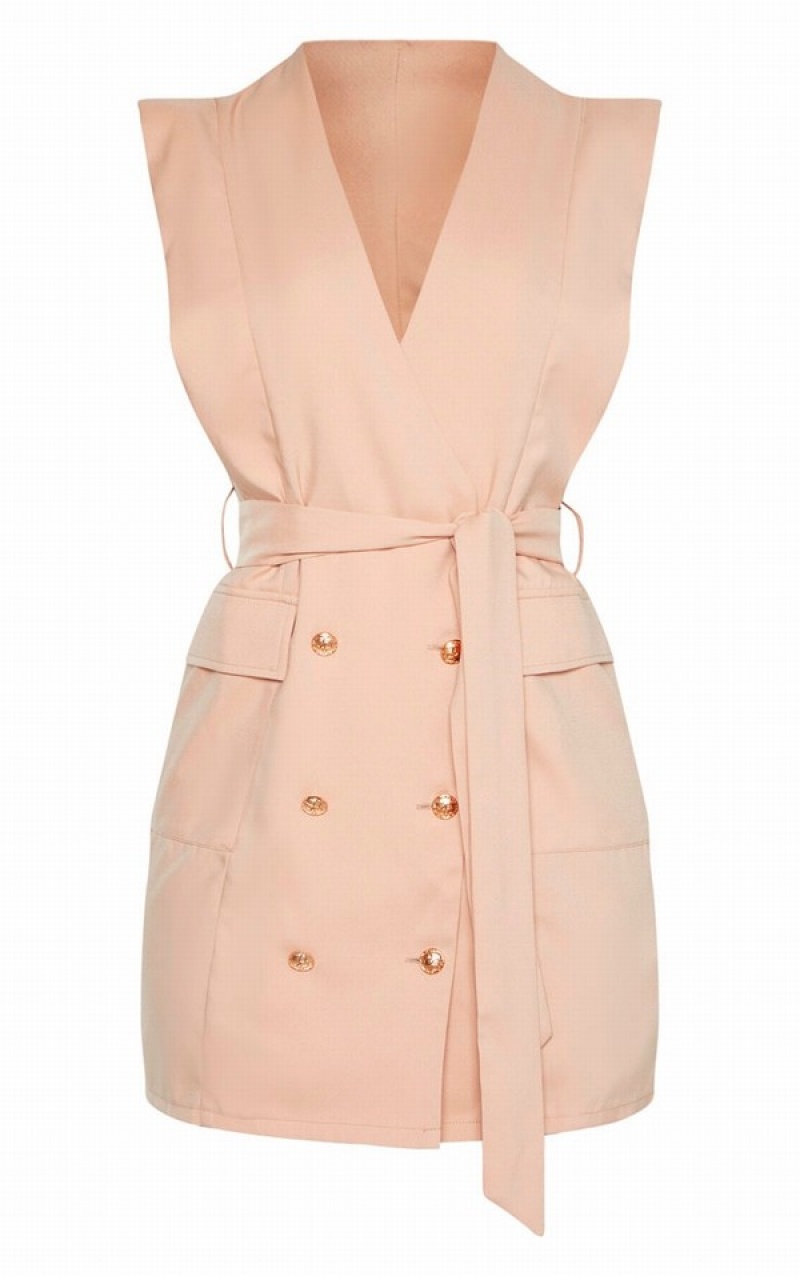 Rochie Pretty Little Thing Nude Fara Maneci Button Detail Bej | BSKM89032
