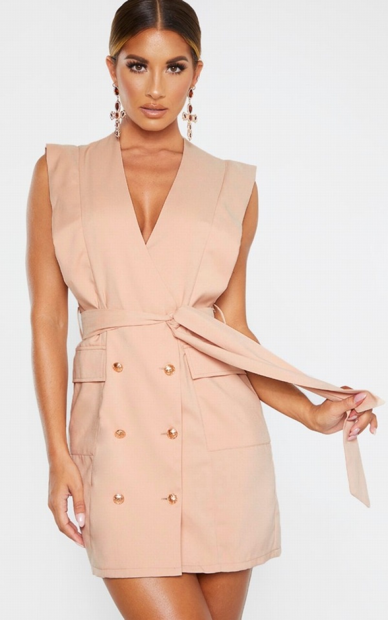 Rochie Pretty Little Thing Nude Fara Maneci Button Detail Bej | BSKM89032