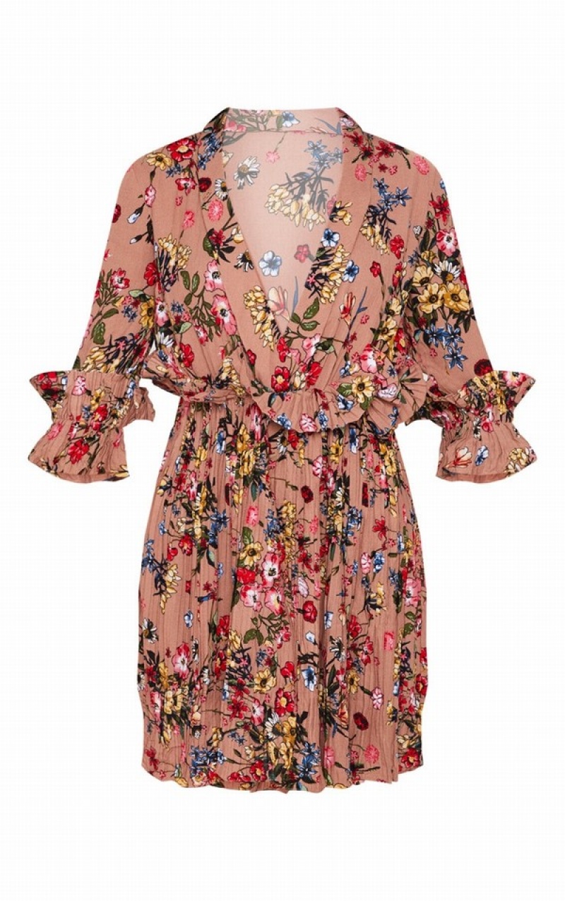 Rochie Pretty Little Thing Nude Floral Frill Detail Plisat Skater Bej Inchis | VZYU67392