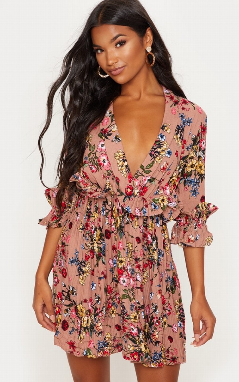 Rochie Pretty Little Thing Nude Floral Frill Detail Plisat Skater Bej Inchis | VZYU67392