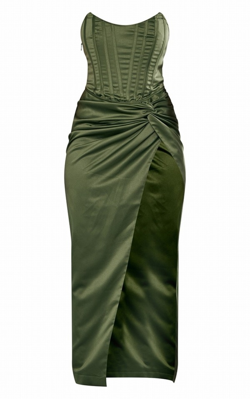 Rochie Pretty Little Thing PLT LABEL Satin Corset Twist Detail Ruched Midaxi Masline Verzi Inchis | WRQM36901