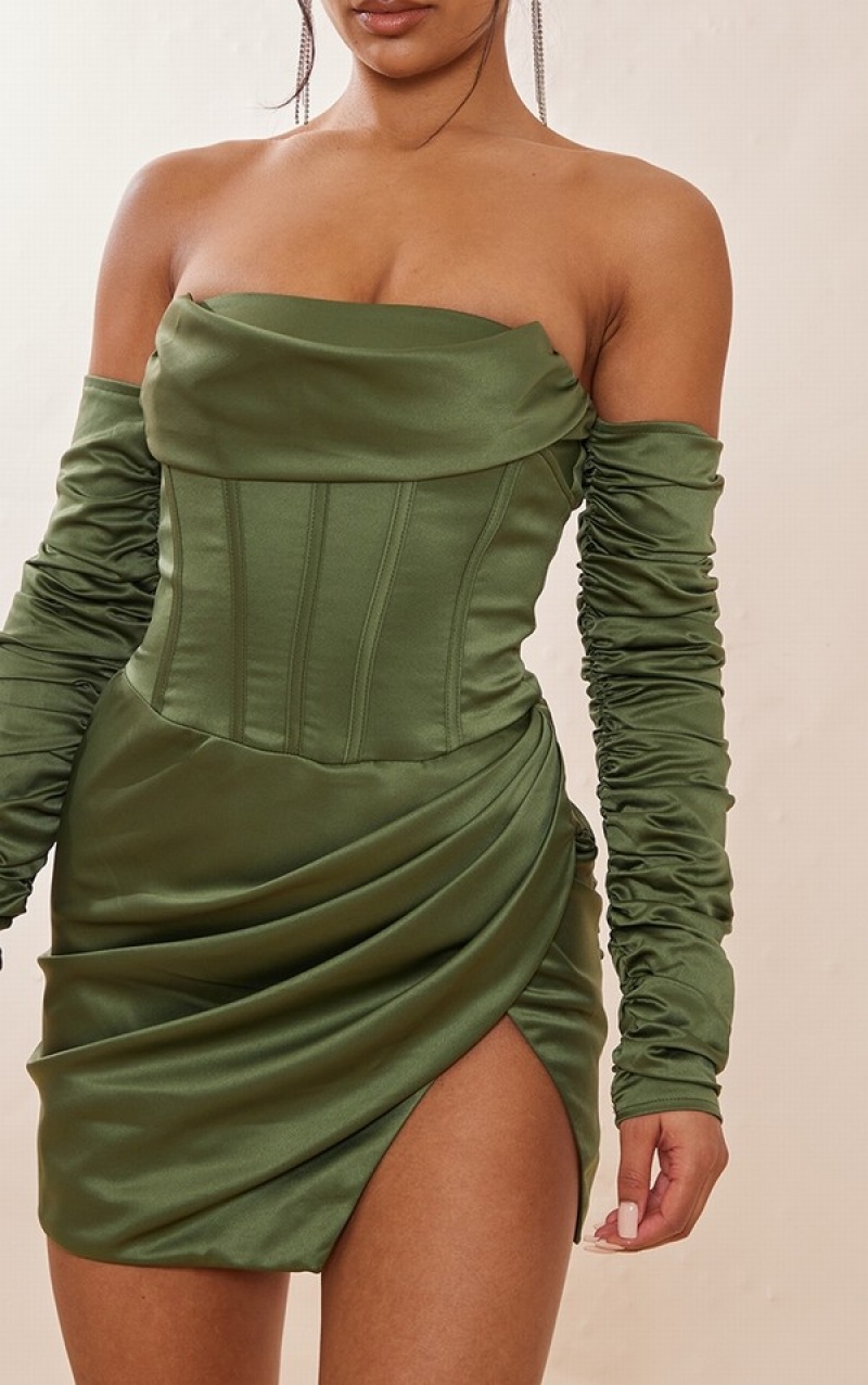 Rochie Pretty Little Thing PLT Label Sage Satin Corset Ruched Sleeve Bodycon Masline Verzi Kaki | CQWZ23041