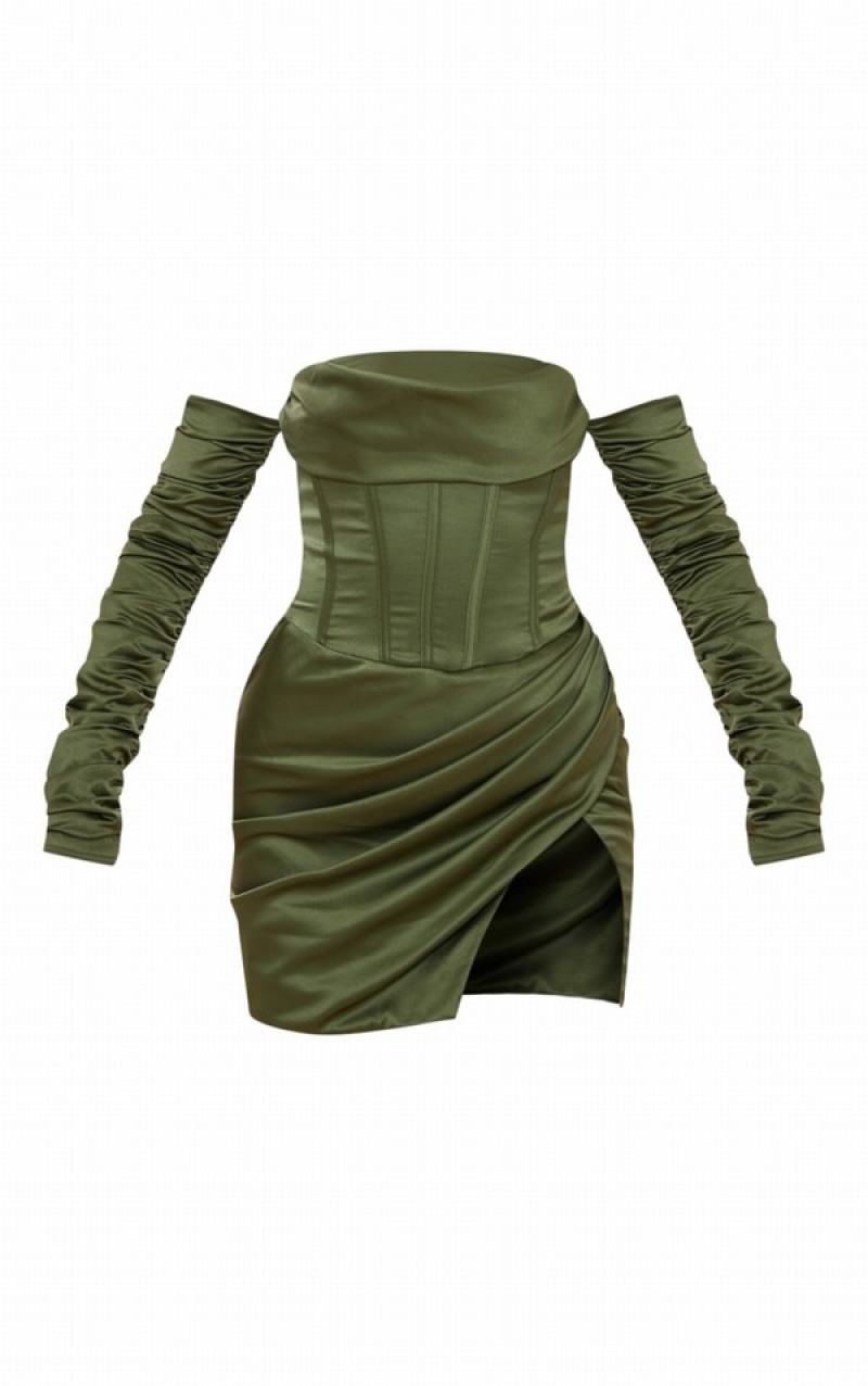 Rochie Pretty Little Thing PLT Label Sage Satin Corset Ruched Sleeve Bodycon Masline Verzi Kaki | CQWZ23041
