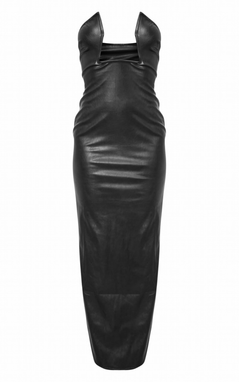 Rochie Pretty Little Thing PU Extreme V Bar Midaxi Negrii | KWPL49207