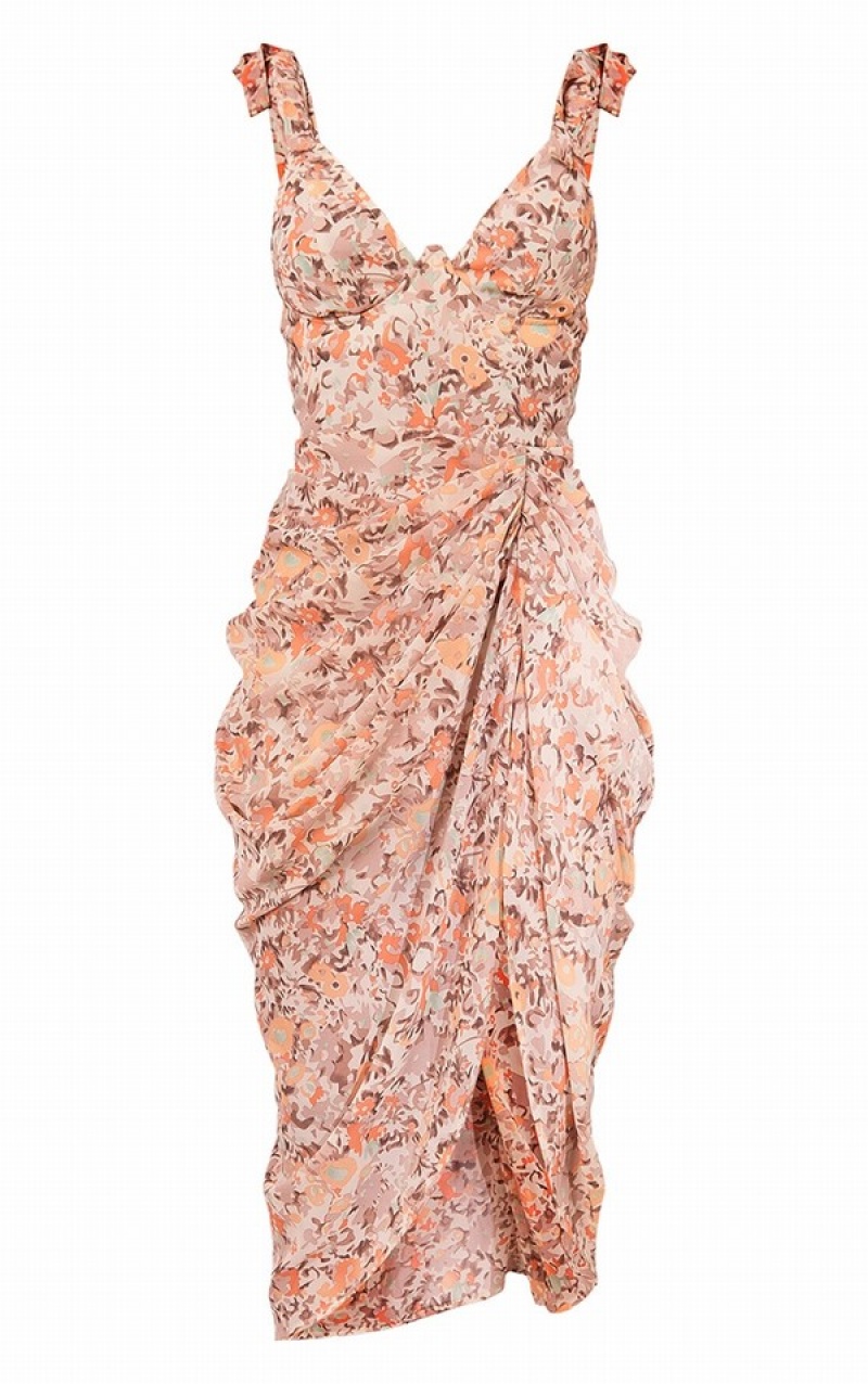 Rochie Pretty Little Thing Peach Floral Print Underwire Detail Draped Corai | SCVD60723