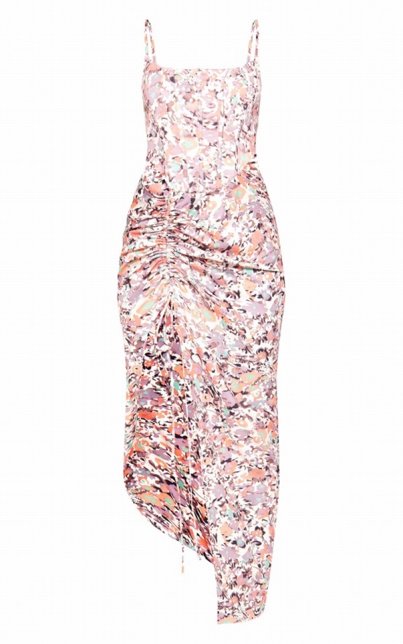 Rochie Pretty Little Thing Peach Floral Print Corset Dantela Back Ruched Midaxi Corai | SEPV24731