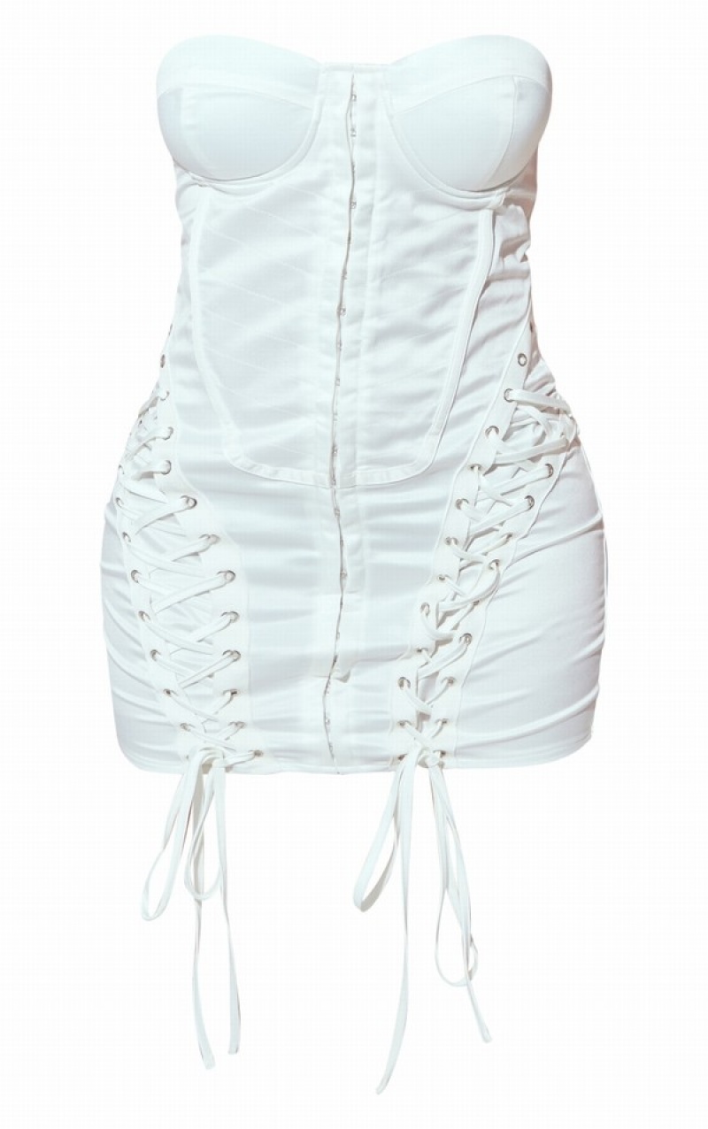 Rochie Pretty Little Thing Petite Satin Boned Dantela Up Bodycon Albi | EOVH98016