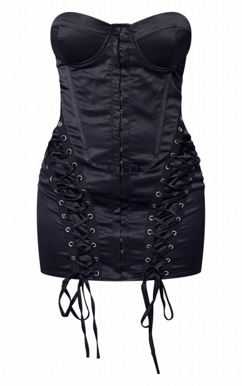 Rochie Pretty Little Thing Petite Satin Boned Dantela Up Bodycon Negrii | TISK35492