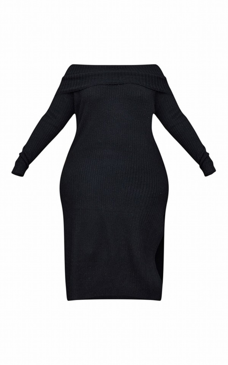 Rochie Pretty Little Thing Plus Bardot Oversized Thick Knit Negrii | KZVX81240