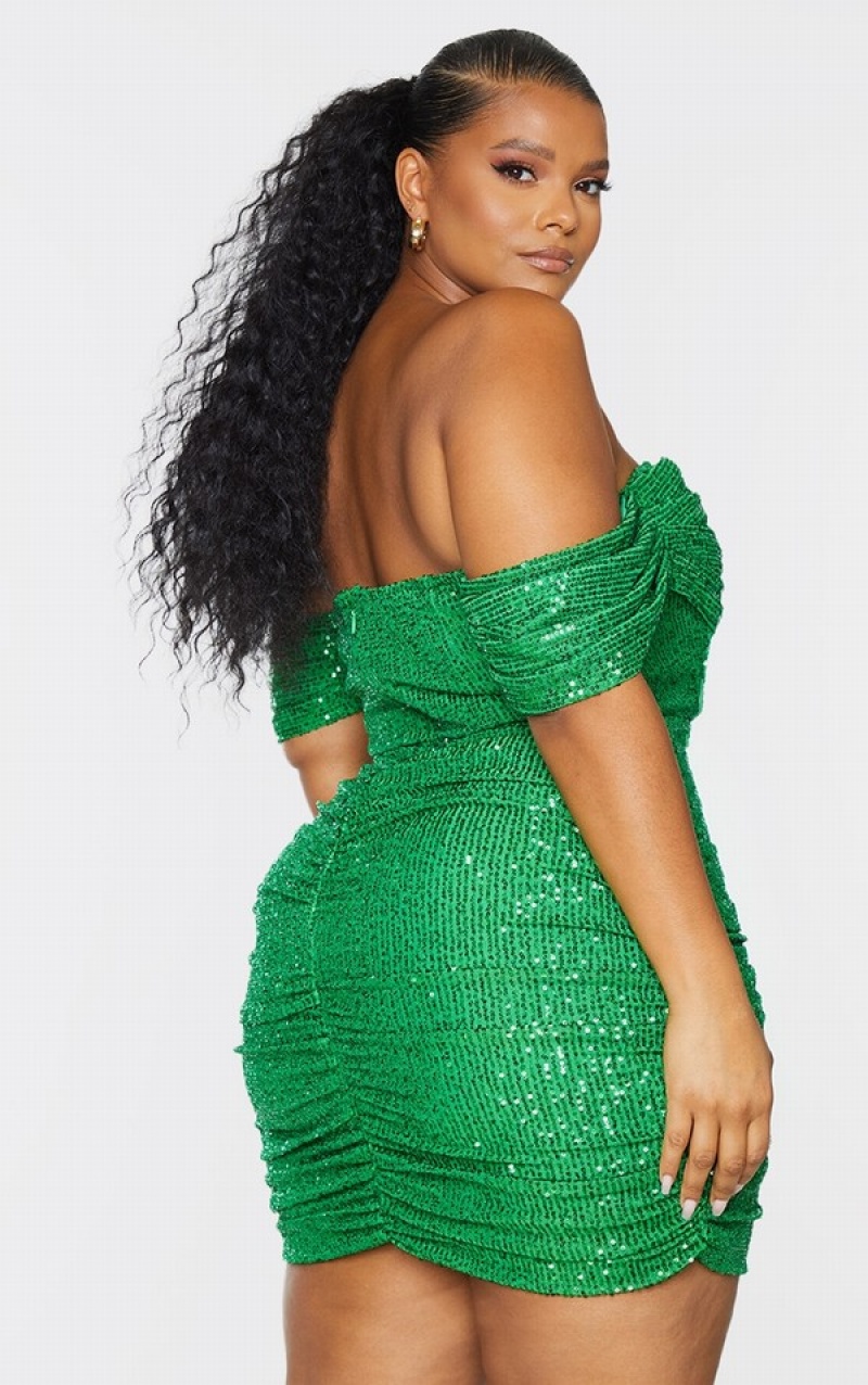 Rochie Pretty Little Thing Plus Bright Sequin Bardot Bodycon Verzi Deschis | VDJW79806