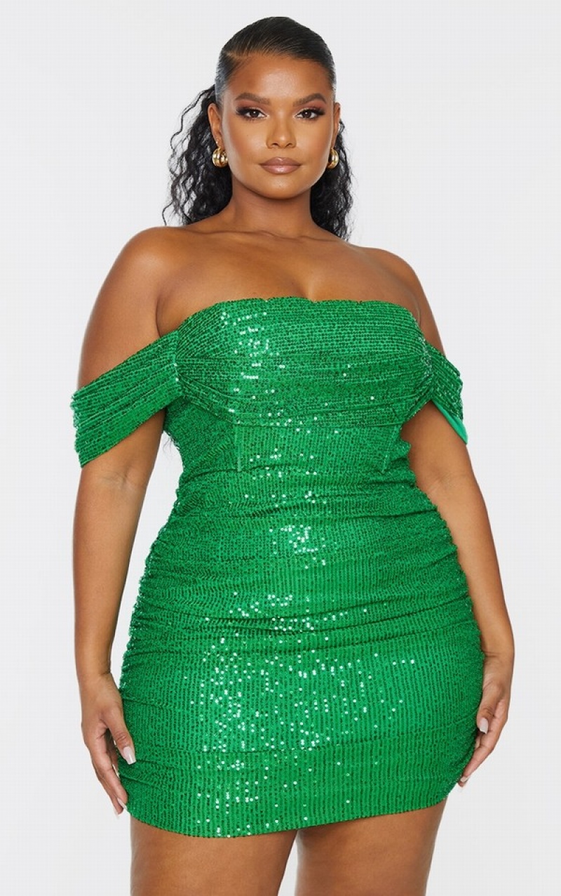 Rochie Pretty Little Thing Plus Bright Sequin Bardot Bodycon Verzi Deschis | VDJW79806