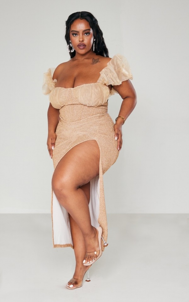 Rochie Pretty Little Thing Plus Champagne Bardot Organza Ruffle Detail Glitter Maro | HTXC74036