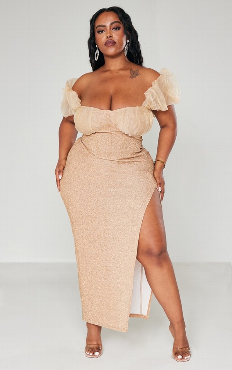 Rochie Pretty Little Thing Plus Champagne Bardot Organza Ruffle Detail Glitter Maro | HTXC74036