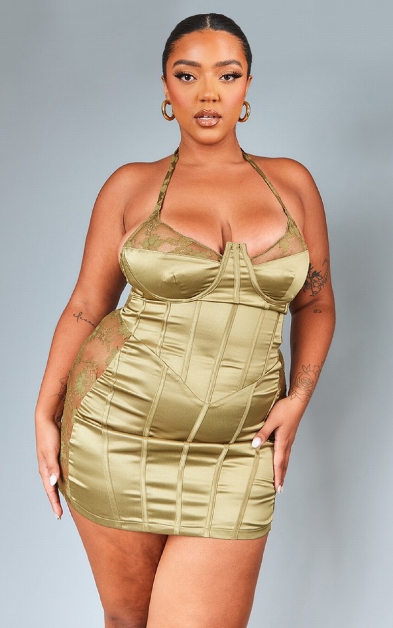 Rochie Pretty Little Thing Plus Dantela Detail Satin Corset Bodycon Masline Verzi | YRZF27380
