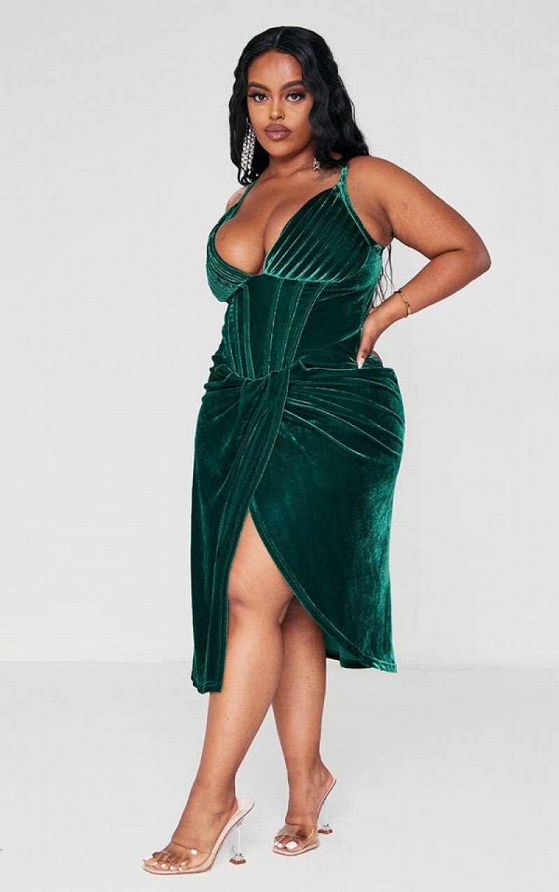 Rochie Pretty Little Thing Plus Emerald Velvet Plunge Corset Bodycon Turcoaz Verzi | KSNH93821