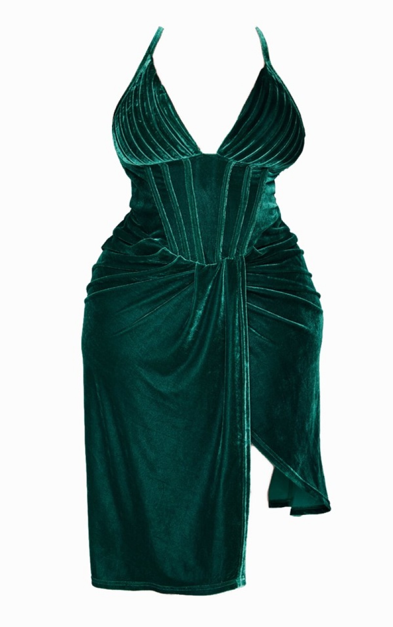 Rochie Pretty Little Thing Plus Emerald Velvet Plunge Corset Bodycon Turcoaz Verzi | KSNH93821