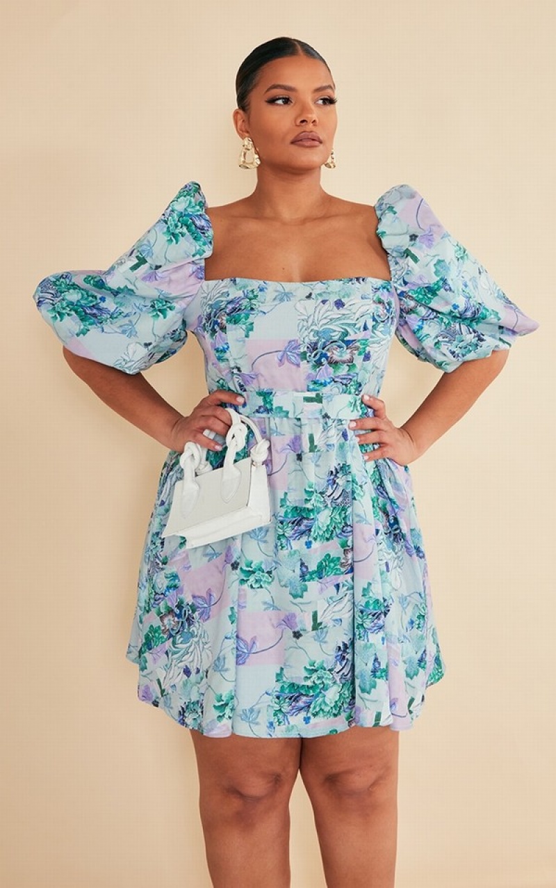 Rochie Pretty Little Thing Plus Floral Printed Tie Talie Puffball Albastri | AUTM62430