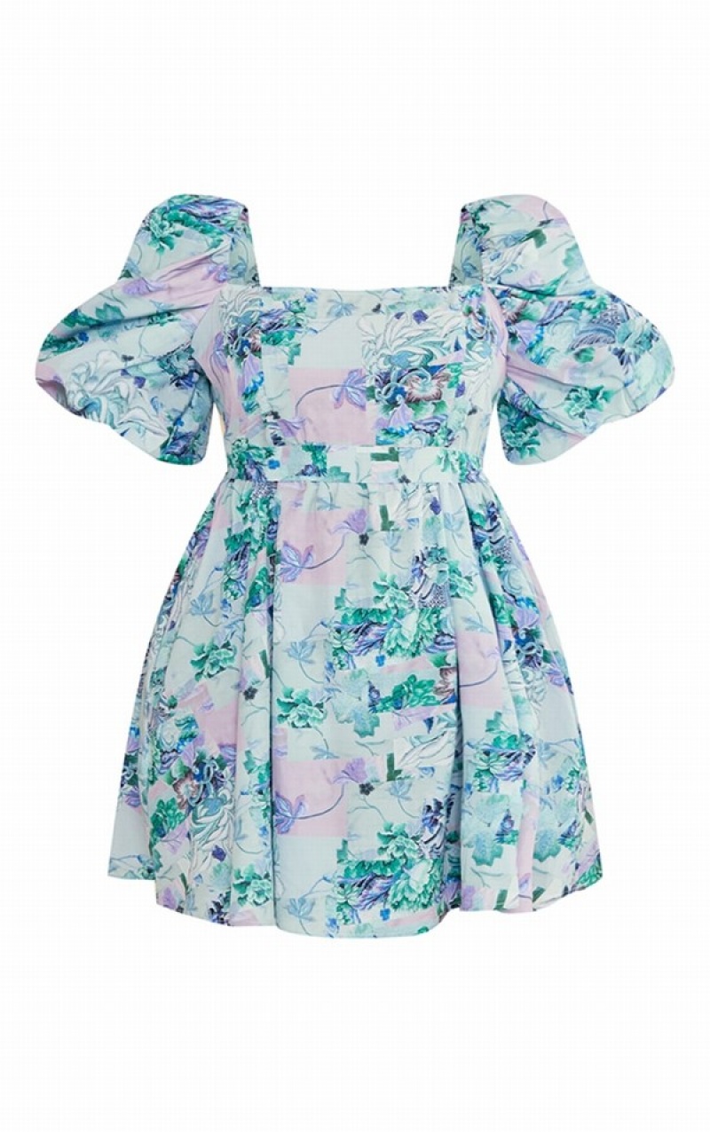 Rochie Pretty Little Thing Plus Floral Printed Tie Talie Puffball Albastri | AUTM62430