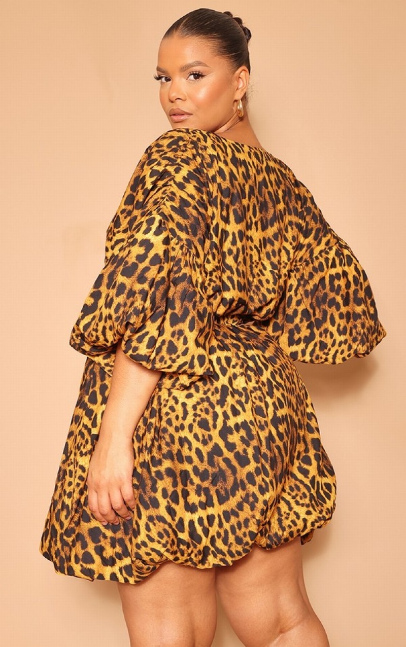 Rochie Pretty Little Thing Plus Leopard Puff Sleeve Puffball Hem Leopard | ZPAU58039