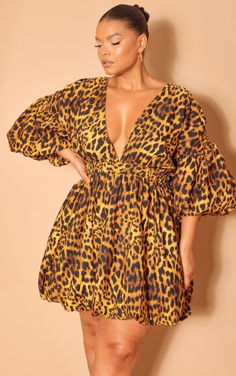 Rochie Pretty Little Thing Plus Leopard Puff Sleeve Puffball Hem Leopard | ZPAU58039