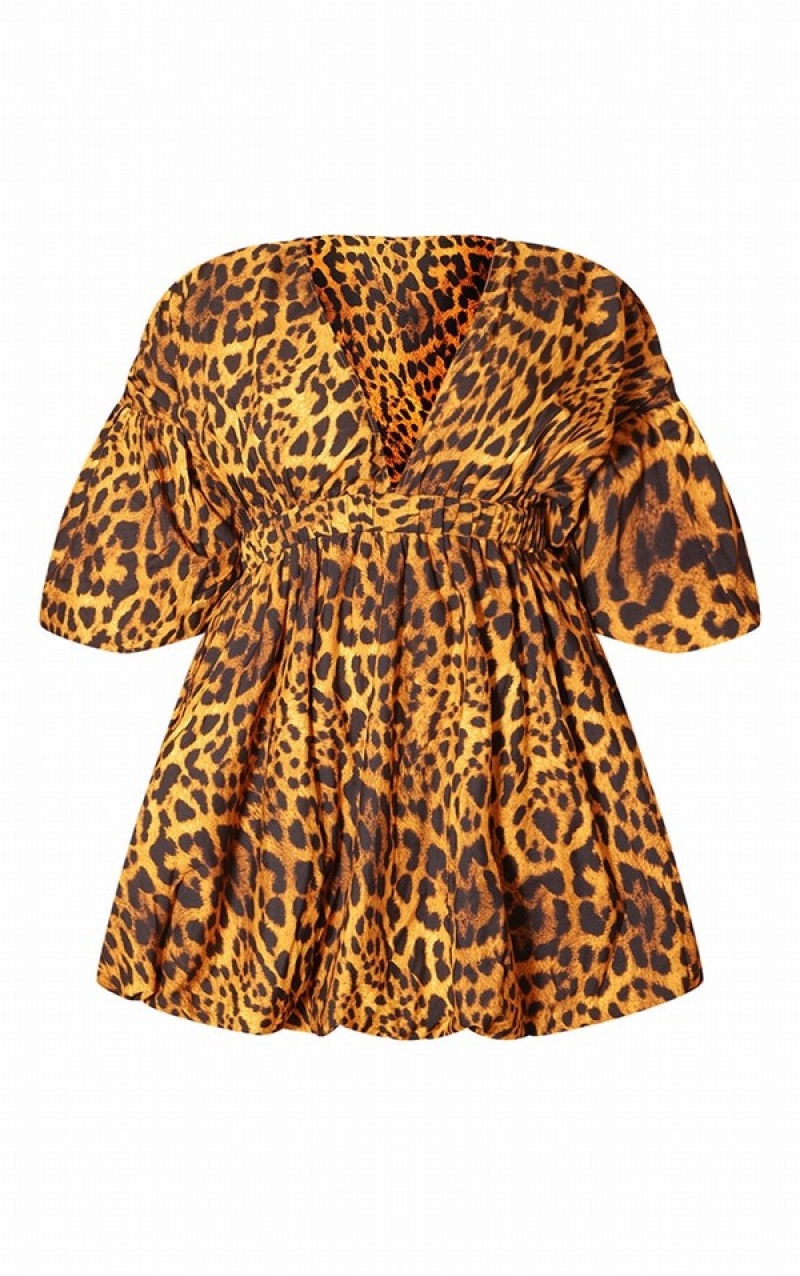 Rochie Pretty Little Thing Plus Leopard Puff Sleeve Puffball Hem Leopard | ZPAU58039