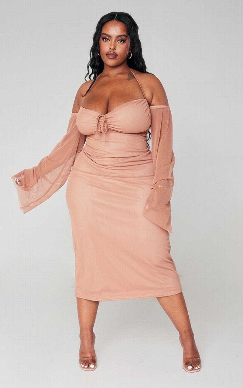 Rochie Pretty Little Thing Plus Mauve Mesh Ruched Bust Sleeve Detail Violet | OKEW64215