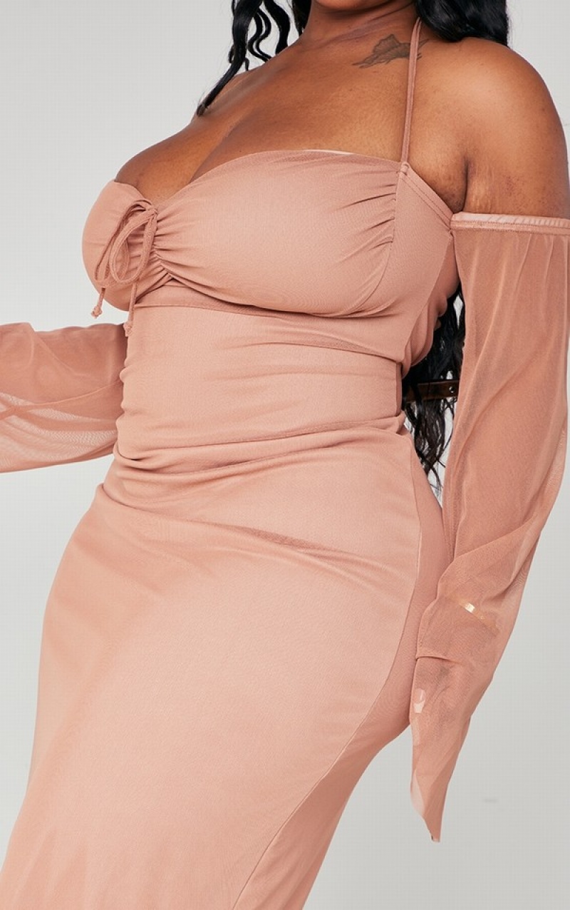 Rochie Pretty Little Thing Plus Mauve Mesh Ruched Bust Sleeve Detail Violet | OKEW64215