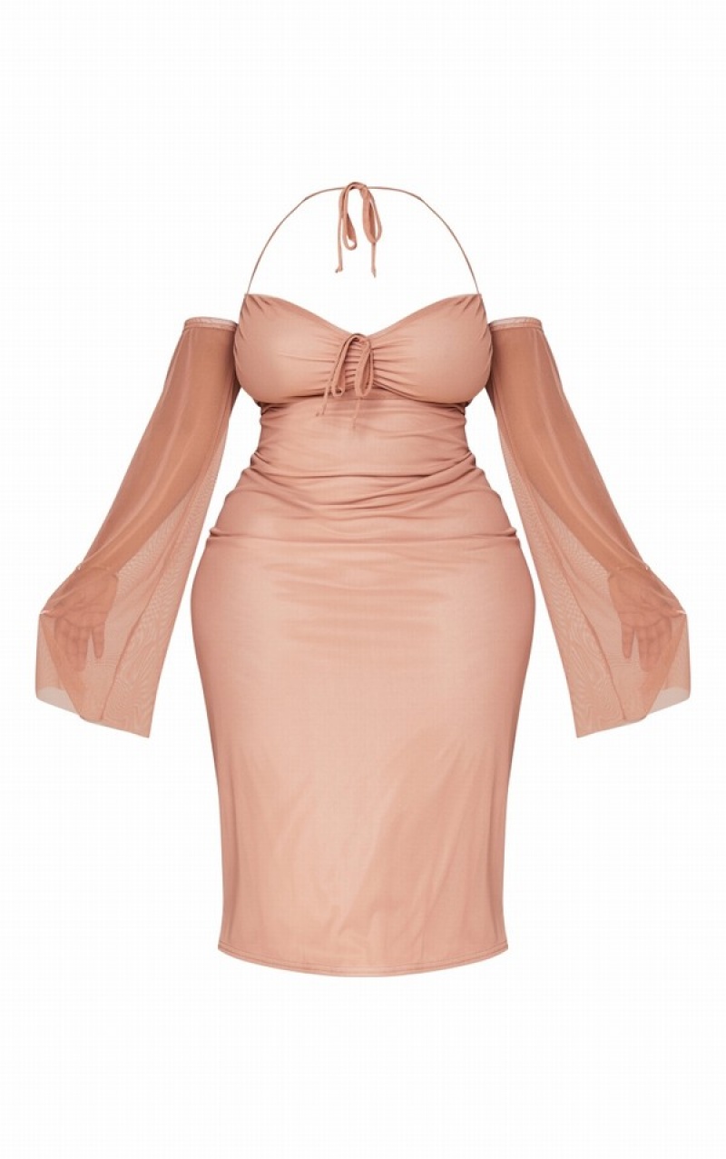 Rochie Pretty Little Thing Plus Mauve Mesh Ruched Bust Sleeve Detail Violet | OKEW64215