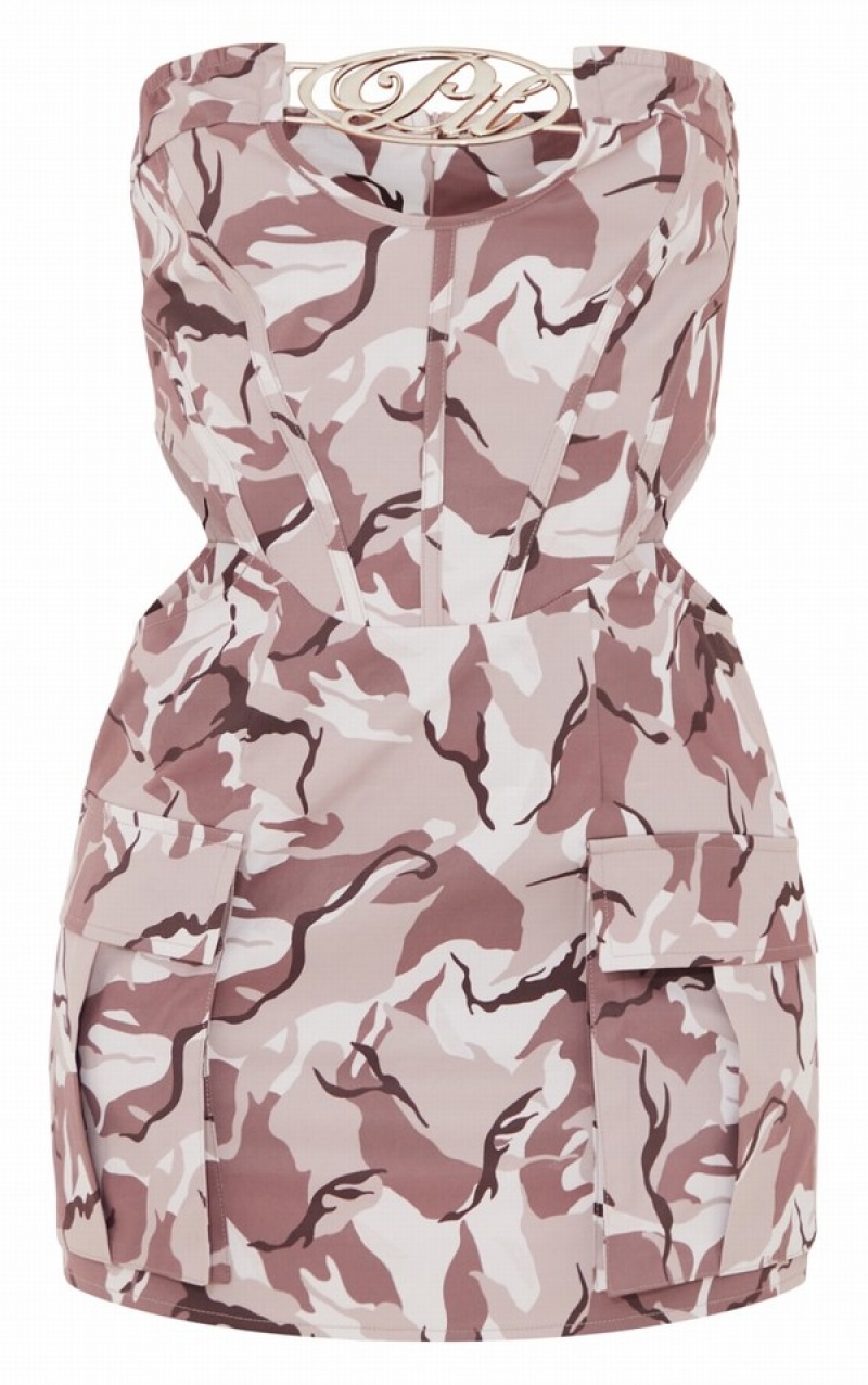 Rochie Pretty Little Thing Plus Printed Corset Bodycon Gri Camuflaj | WLEN93587