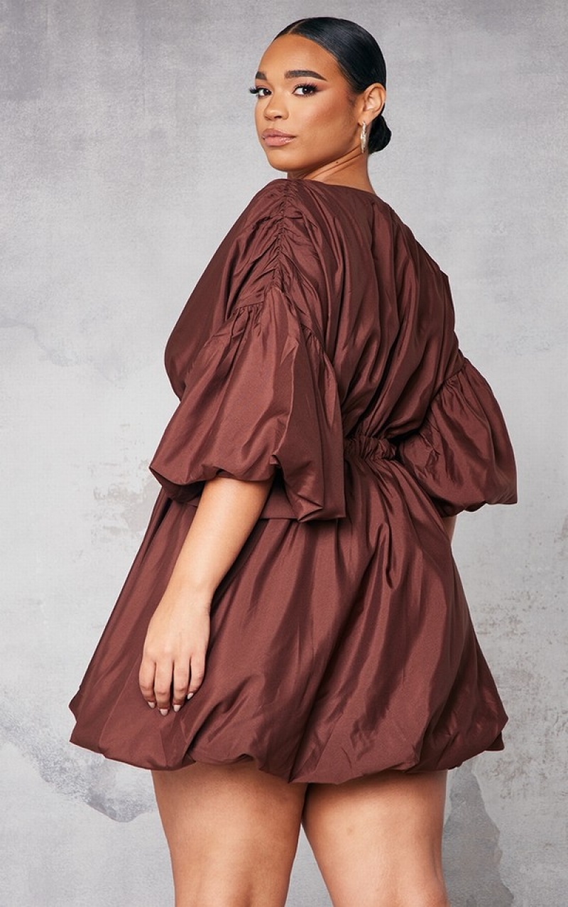 Rochie Pretty Little Thing Plus Puff Sleeve Puffball Hem Ciocolata | XQRJ18679